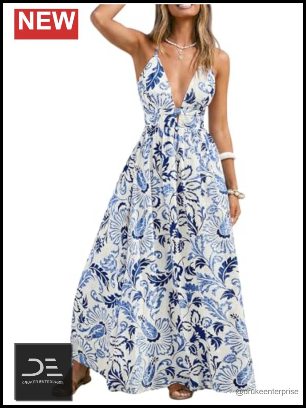 Women's Boho Maxi Dress Sleeveless V-Neck Backless Flowy Summer Beach Casual